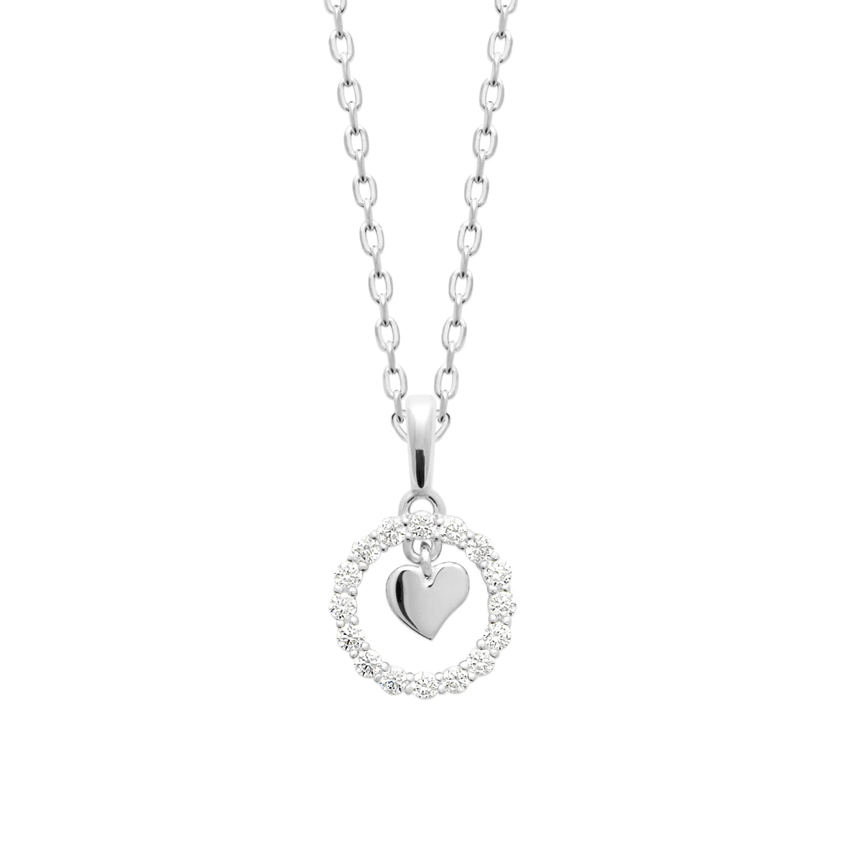 Vue d’ensemble du collier cercle et cœur en argent 925 sur sa chaîne fine