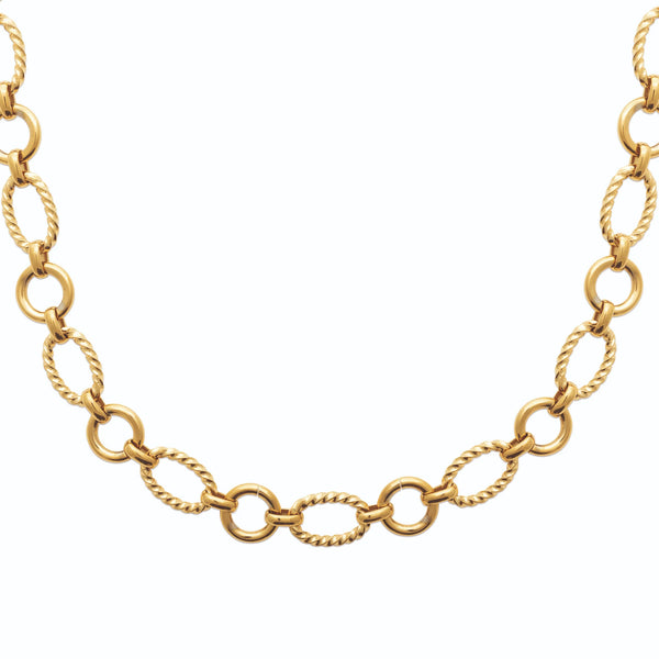 Collier chaîne en acier doré à grosses mailles, anneaux lisses alternés avec des maillons ovales torsadés