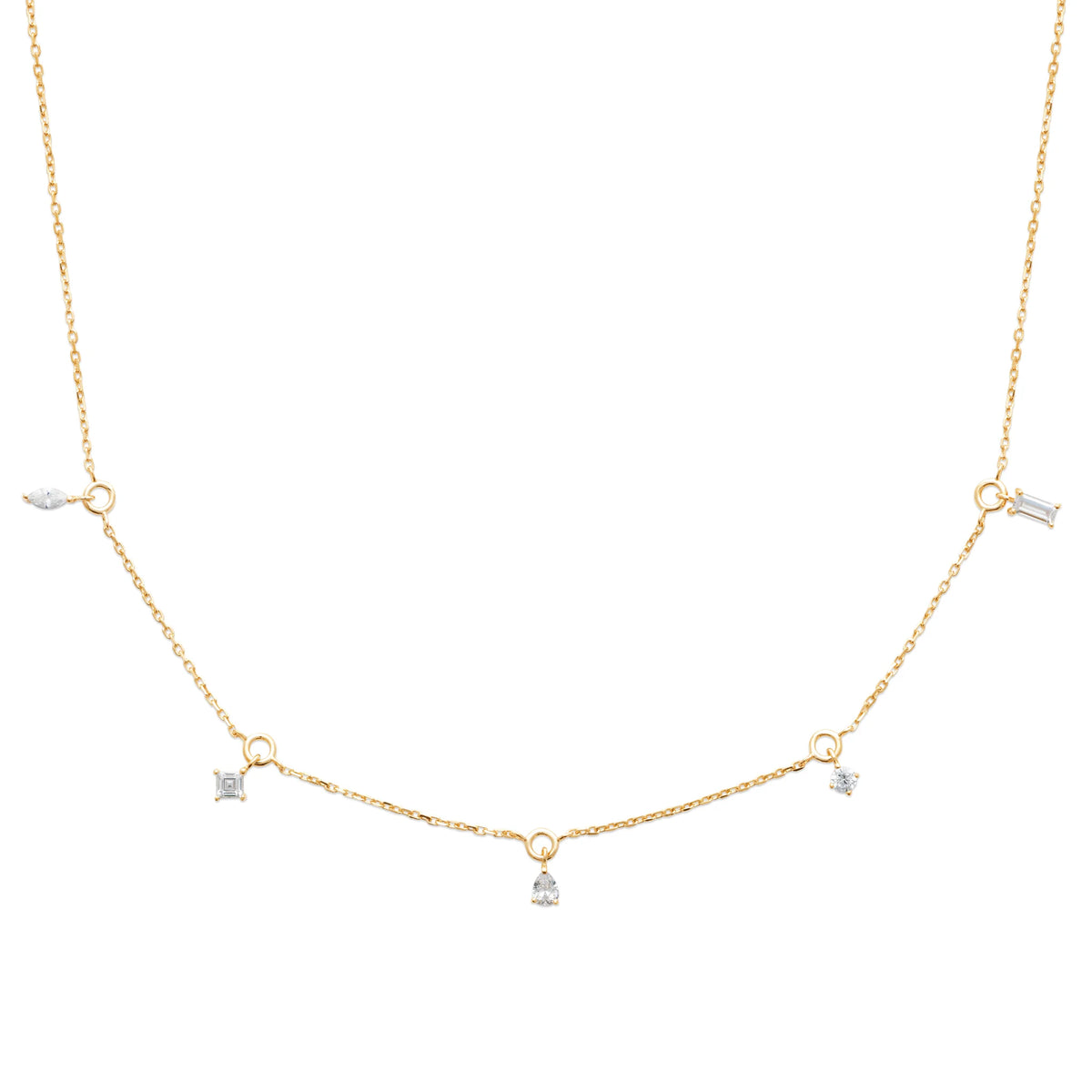 Collier chaîne à pampilles de zircons baguettes et poire en plaqué or
