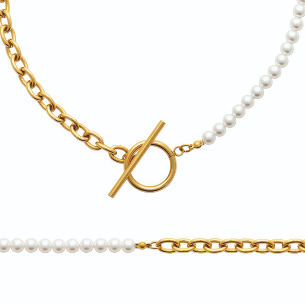 Collier chaîne et perles d’imitation à fermoir T en acier doré