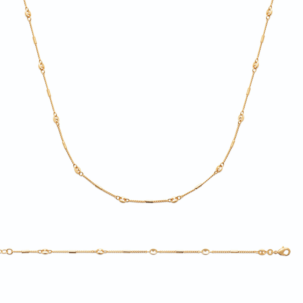 Collier chaîne fine perles et barrettes de métal en plaqué or