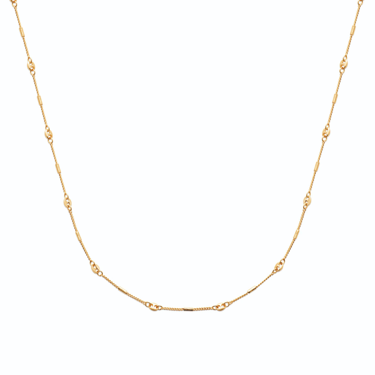 Collier chaîne fine perles et barrettes de métal en plaqué or