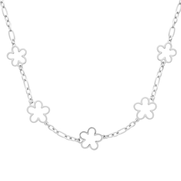 Collier chaîne fleurie en acier argenté, fleurs aux cinq pétales évidés