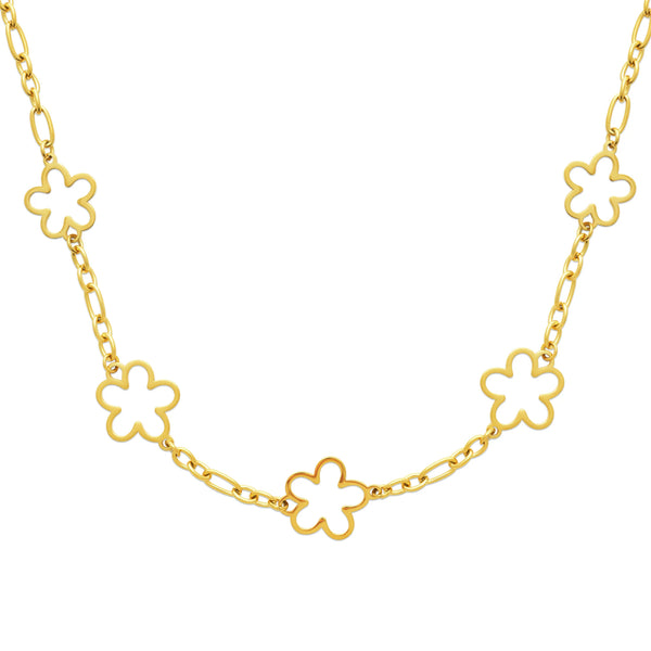 Collier chaîne en acier doré ponctuée de fleurs ajourées à cinq pétales