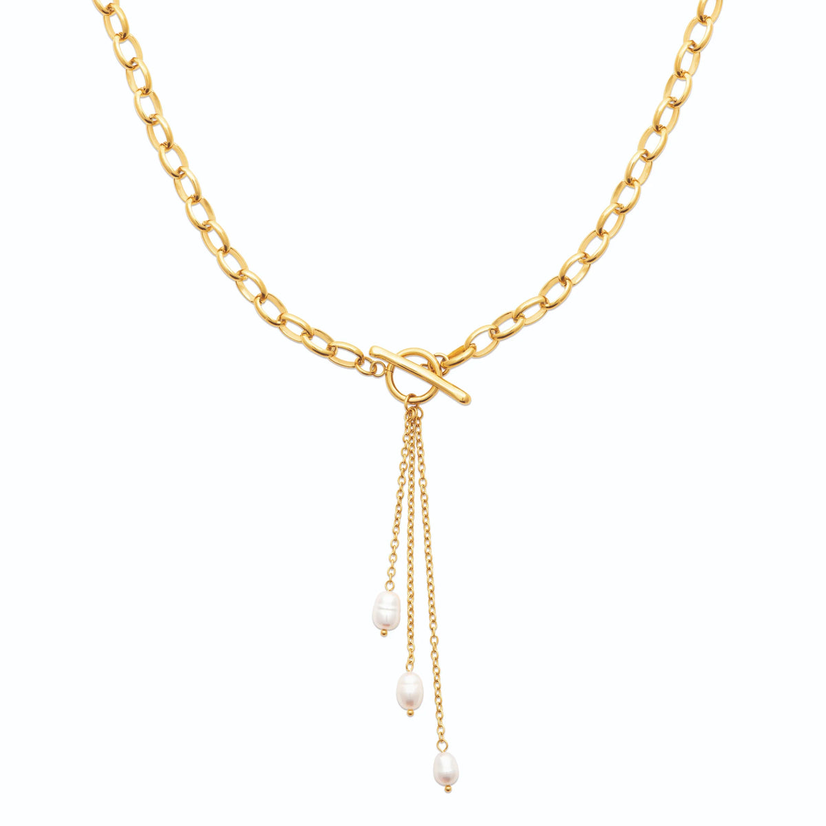 Collier chaîne forçat en Y et pampilles de perles en acier doré
