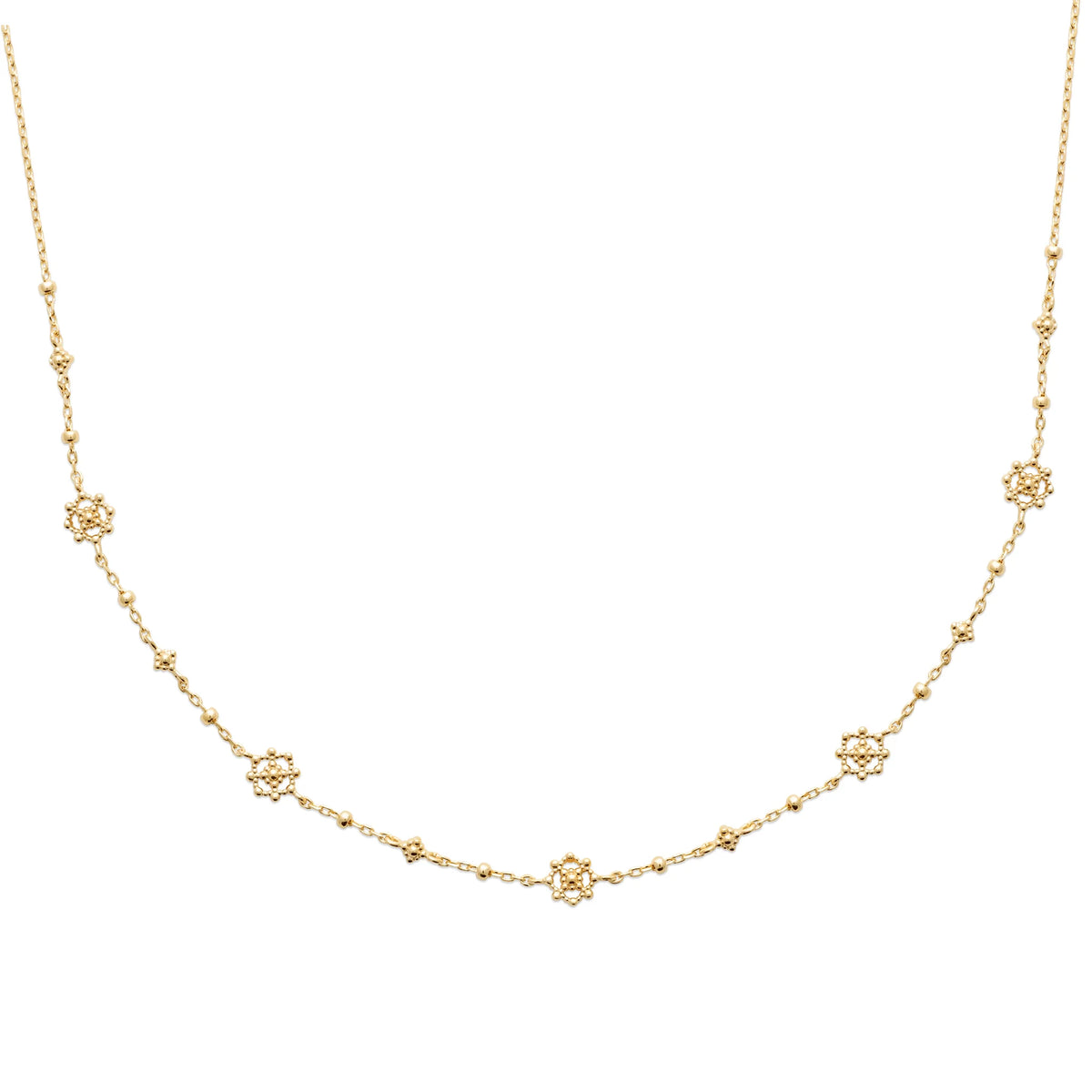 Collier chaîne fine à perles de métal et rosaces granulées en plaqué or