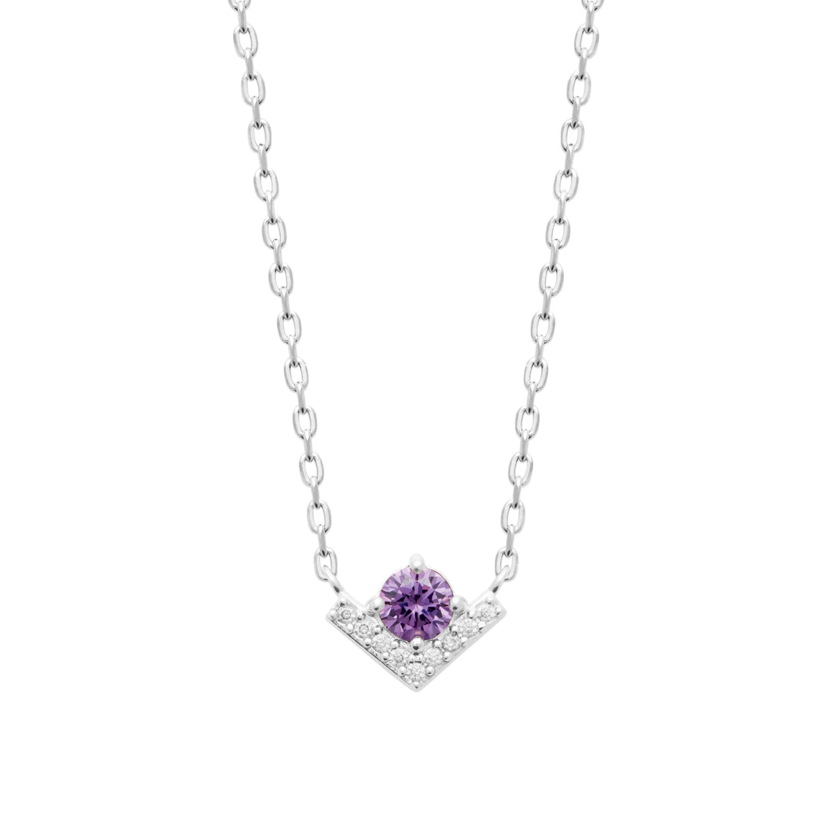 Collier chevron pavé de zircons et pierre violette en argent 925