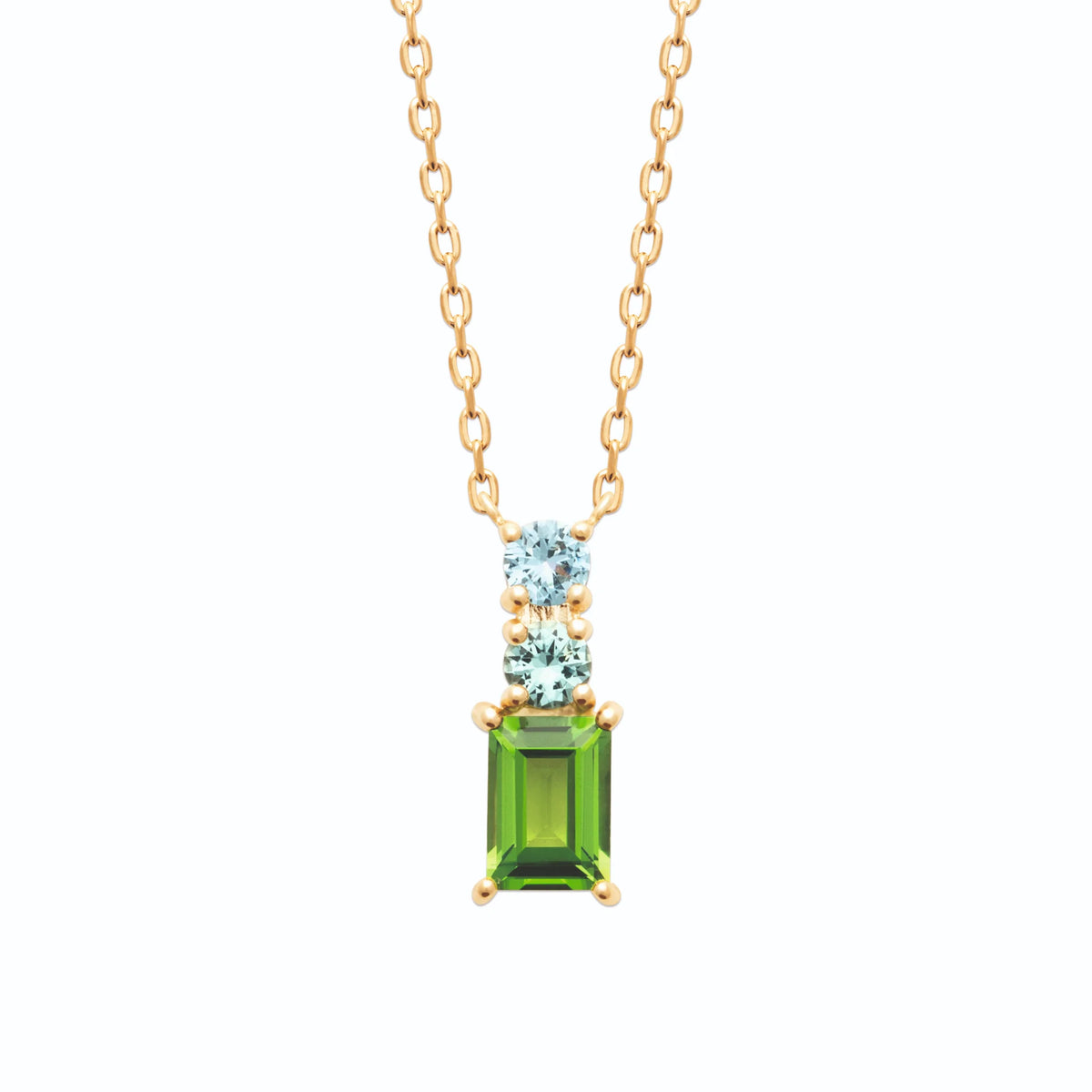 Collier chute de trois pierres bleu ciel, bleu-vert et vert vif en plaqué or