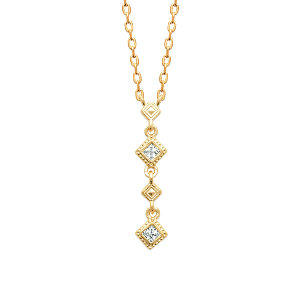 Collier chute de losanges millegrain et zircons carrés en plaqué or