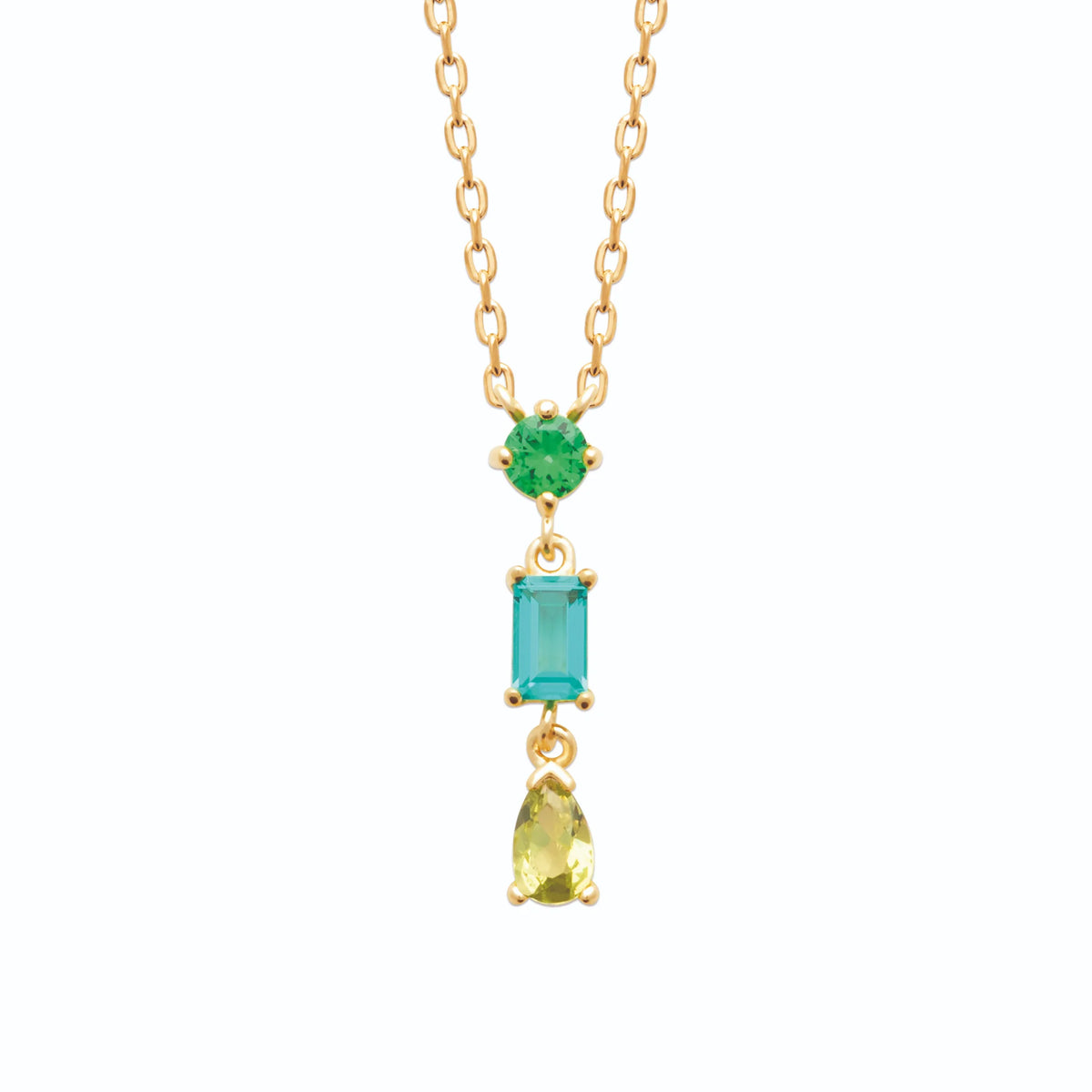 Collier chute de trois pierres vertes et bleue en plaqué or