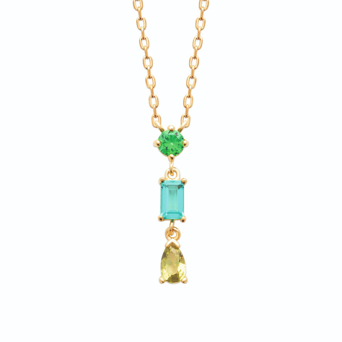 Collier chute de trois pierres vertes et bleue en plaqué or