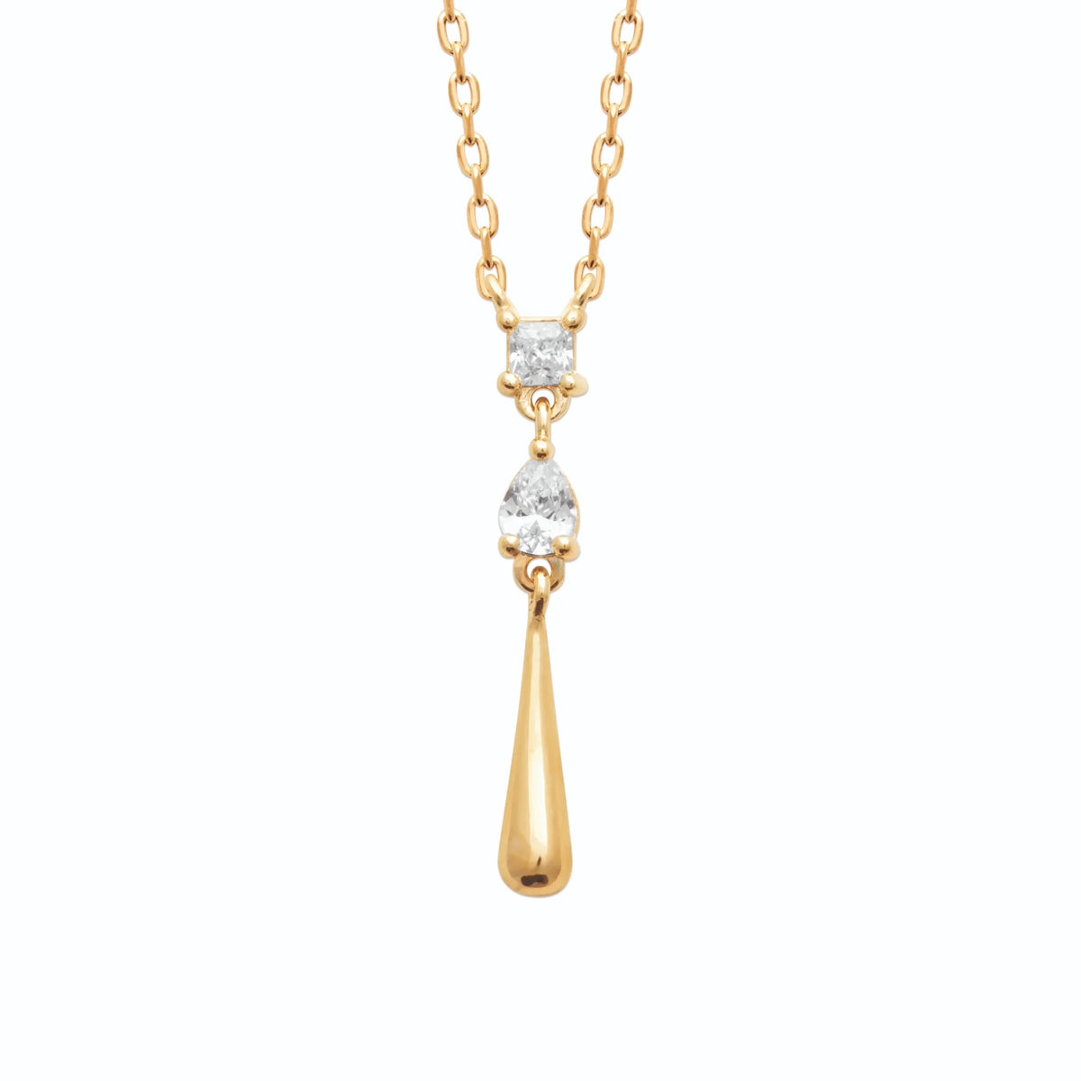 Collier chute zircon carré, zircon navette et goutte en plaqué or