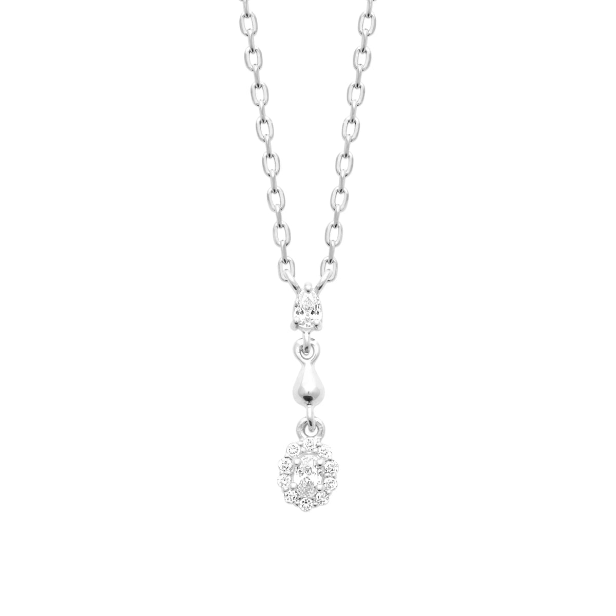 Collier en argent 925, chute de zircon rond, goutte lisse et pampille ovale à halo