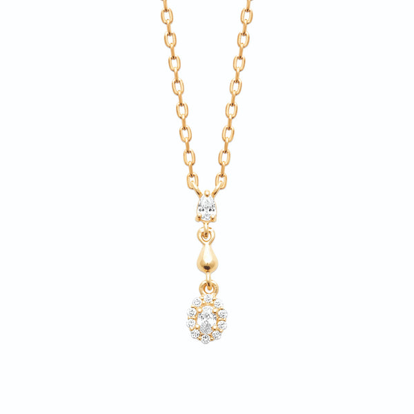 Collier en plaqué or, chute de zircon rond, goutte d’or lisse et pampille ovale