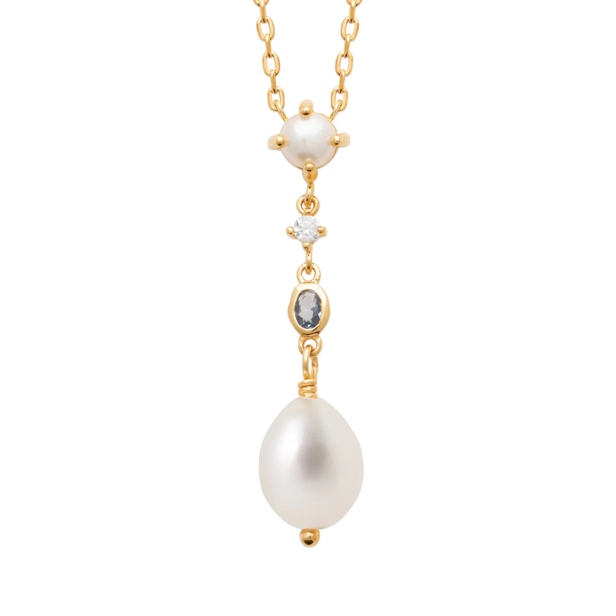 Collier chute de zircons et perle de culture baroque en plaqué or