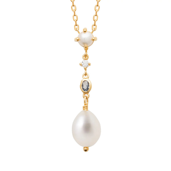 Collier chute de zircons et perle de culture baroque en plaqué or