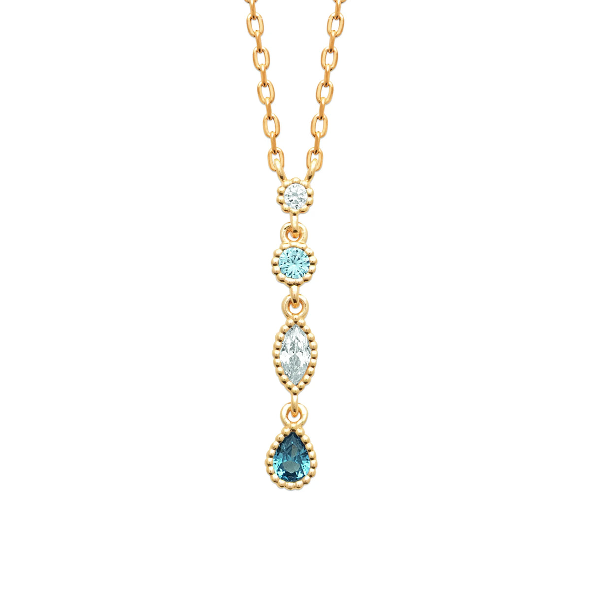Collier chute de zircons et pierres bleues sertis clos en plaqué or