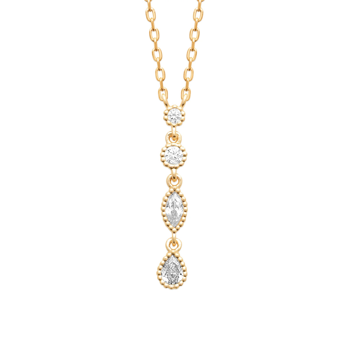 Collier chute de zircons sertis clos millegrain en plaqué or