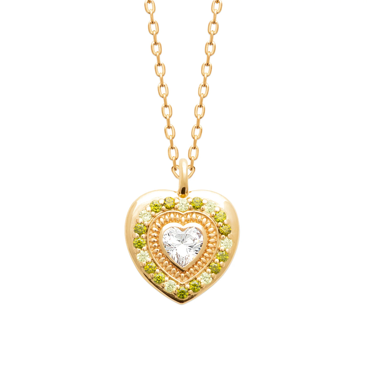 Collier cœur bombé zircon et pierres vertes en plaqué or