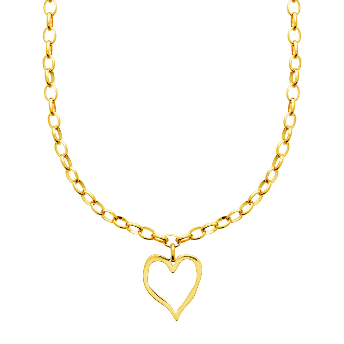Vue d’ensemble du collier cœur filaire et de sa chaîne forçat en acier doré