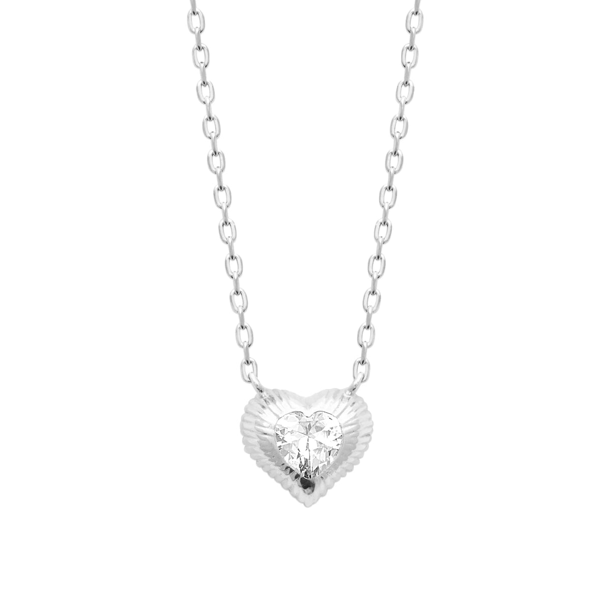 Collier cœur godronné en argent 925 serti d’un zircon taille cœur