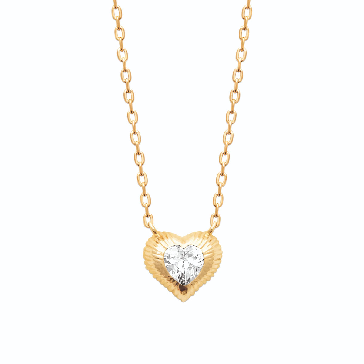 Collier cœur godronné et zircon taille cœur en plaqué or