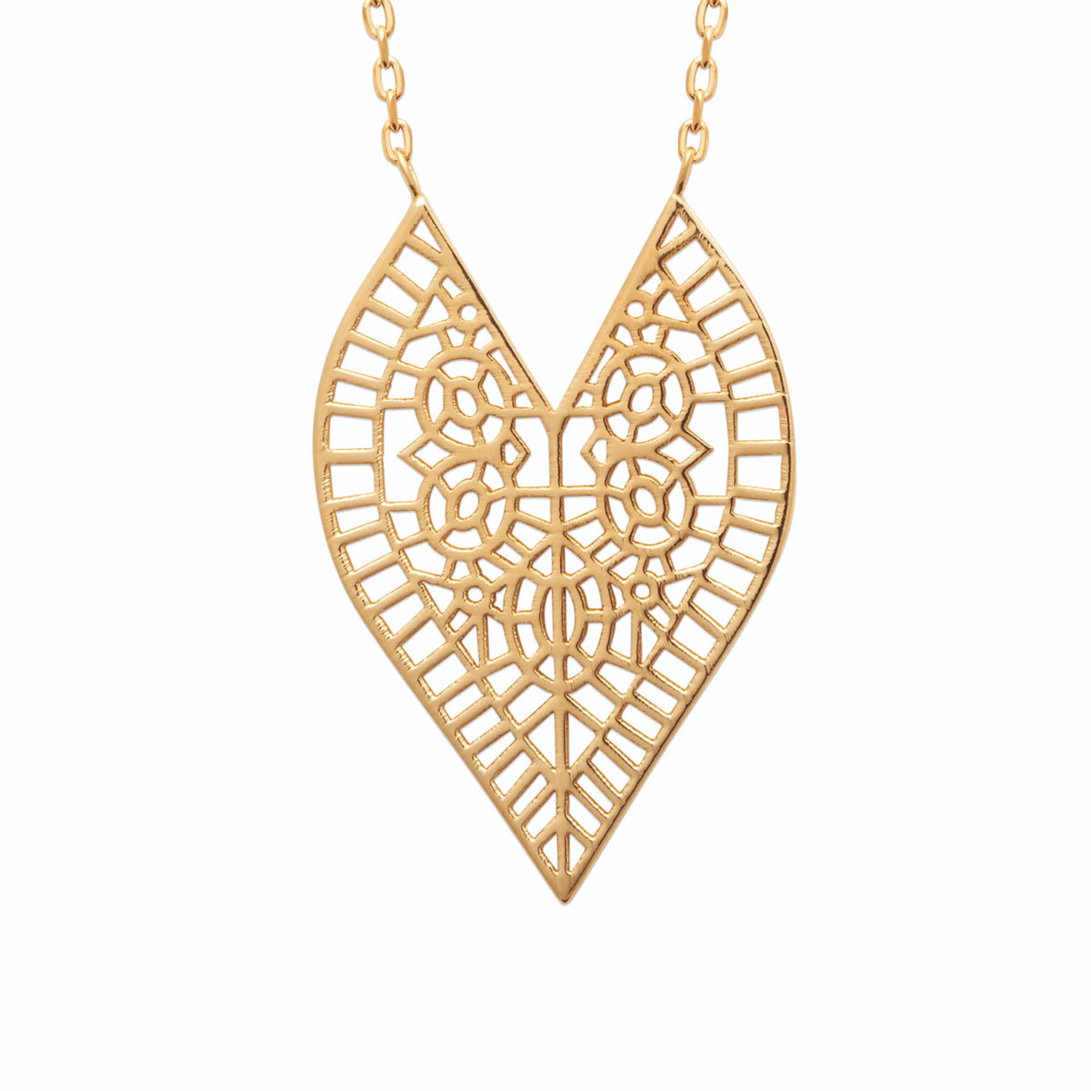 Collier grand cœur goutte en dentelle filigranée en plaqué or