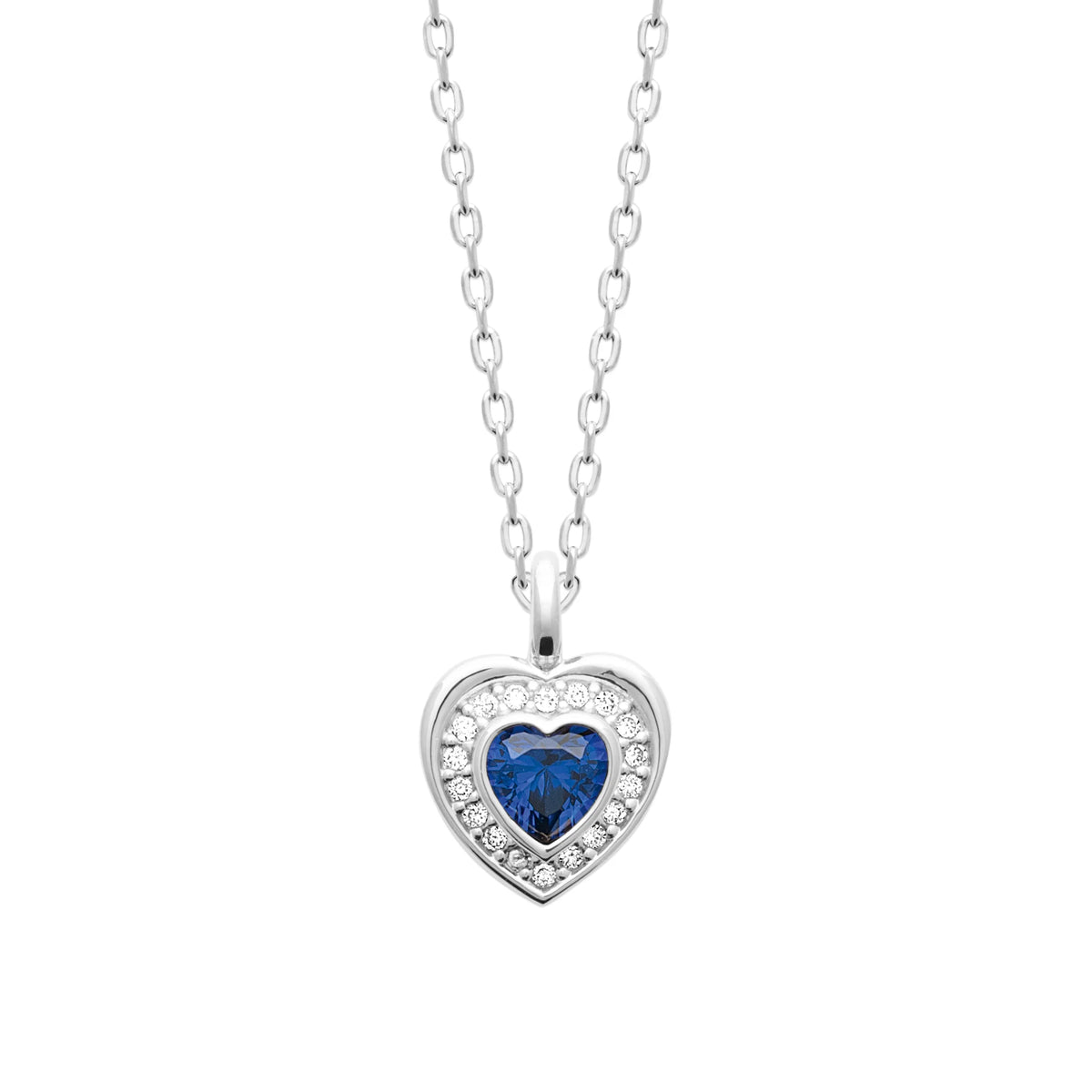 Collier cœur en argent 925, pierre bleu nuit sertie clos cernée d’un halo de zircons