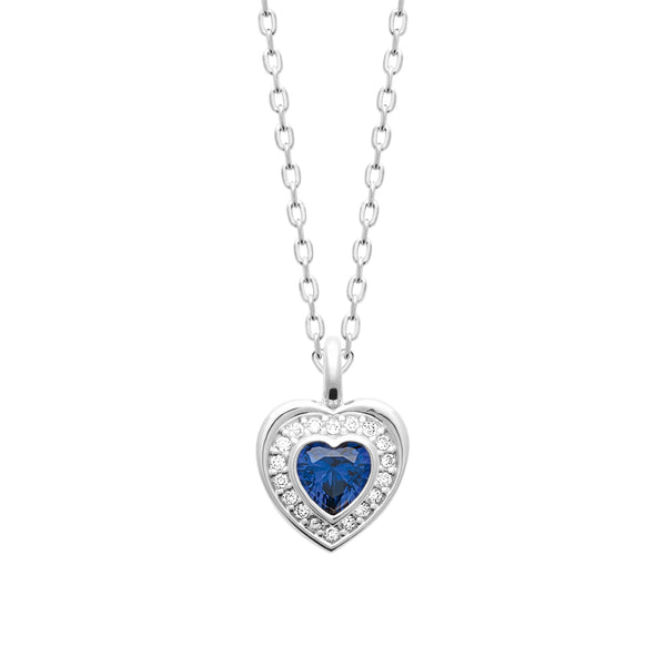 Collier cœur en argent 925, pierre bleu nuit sertie clos cernée d’un halo de zircons