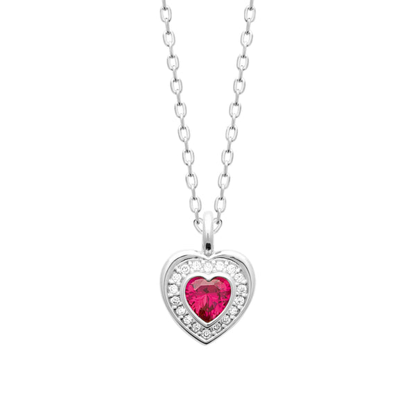 Collier cœur en argent 925, halo de zircons et pierre rouge framboise sertie clos