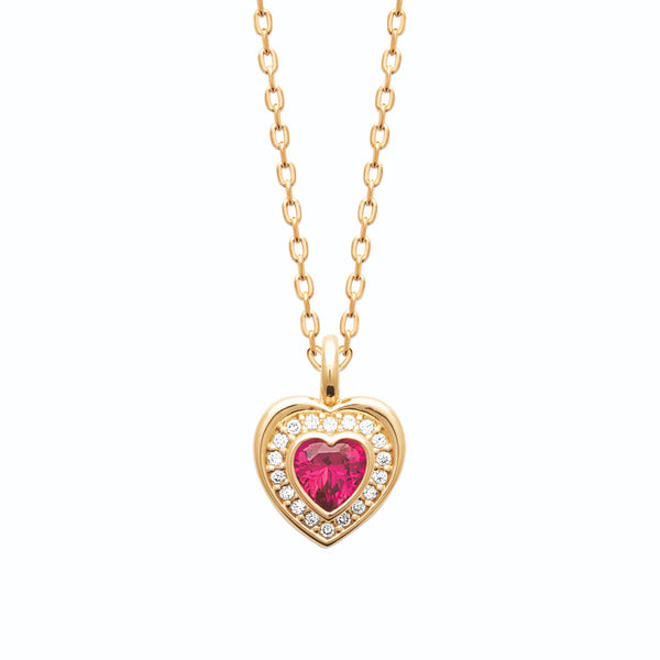 Collier cœur en plaqué or, pierre rouge framboise sertie clos et halo de zircons