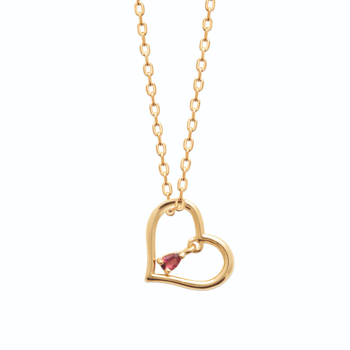 Collier cœur filaire et pierre poire rouge framboise en plaqué or