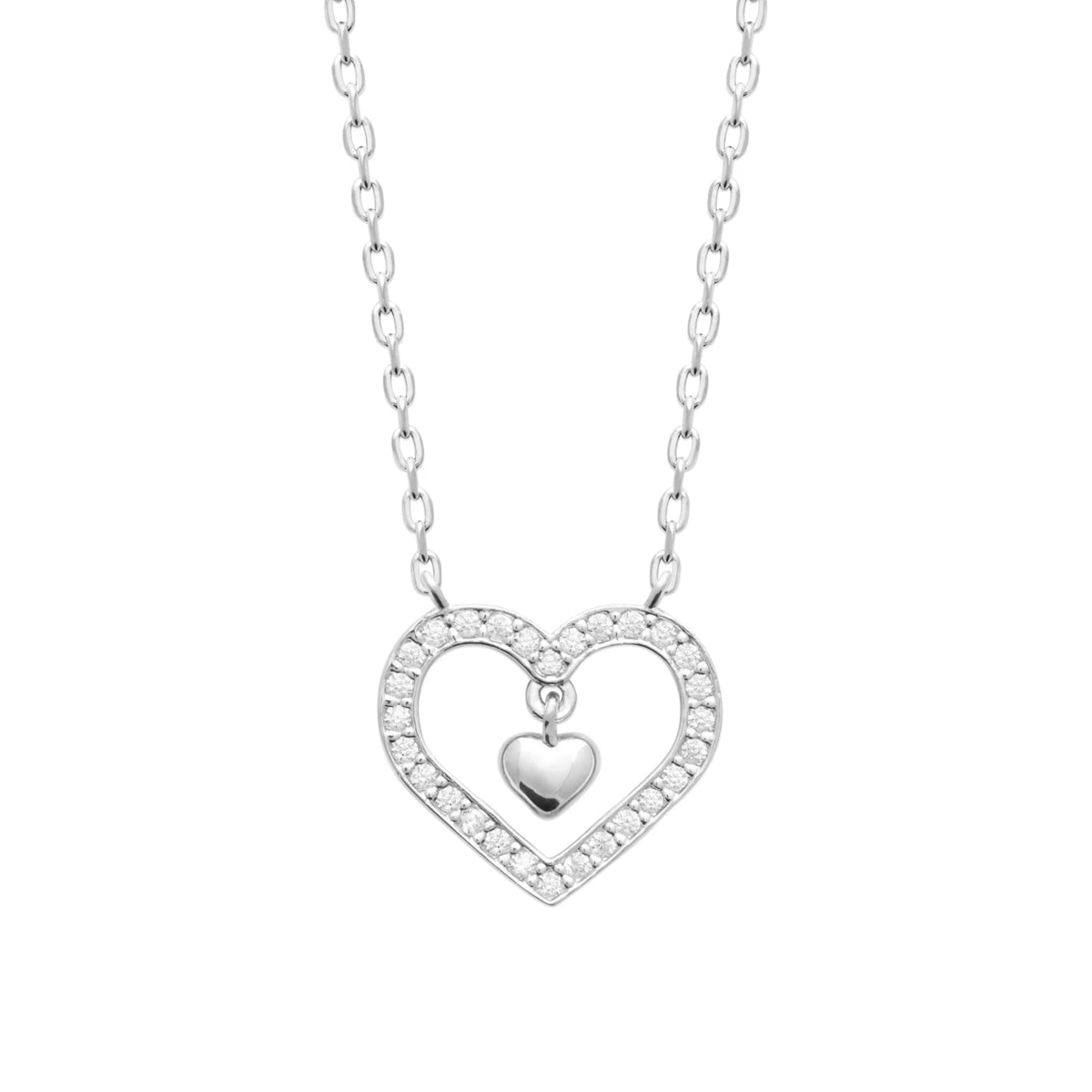 Collier cœur ouvert pavé de zircons et petit cœur poli en argent 925