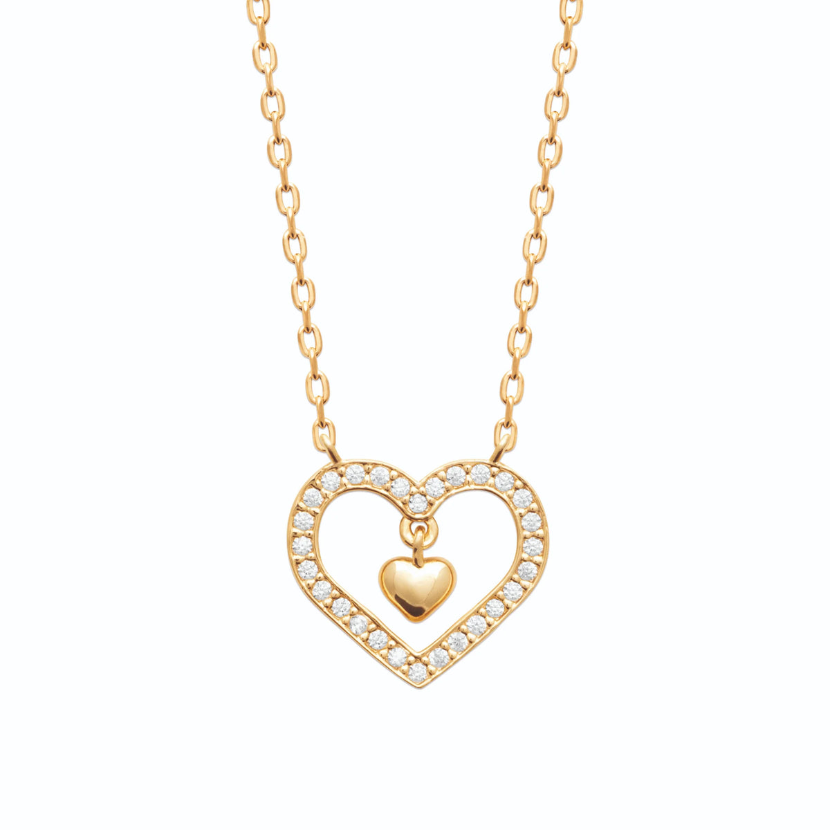 Collier cœur ouvert pavé de zircons et petit cœur poli en plaqué or