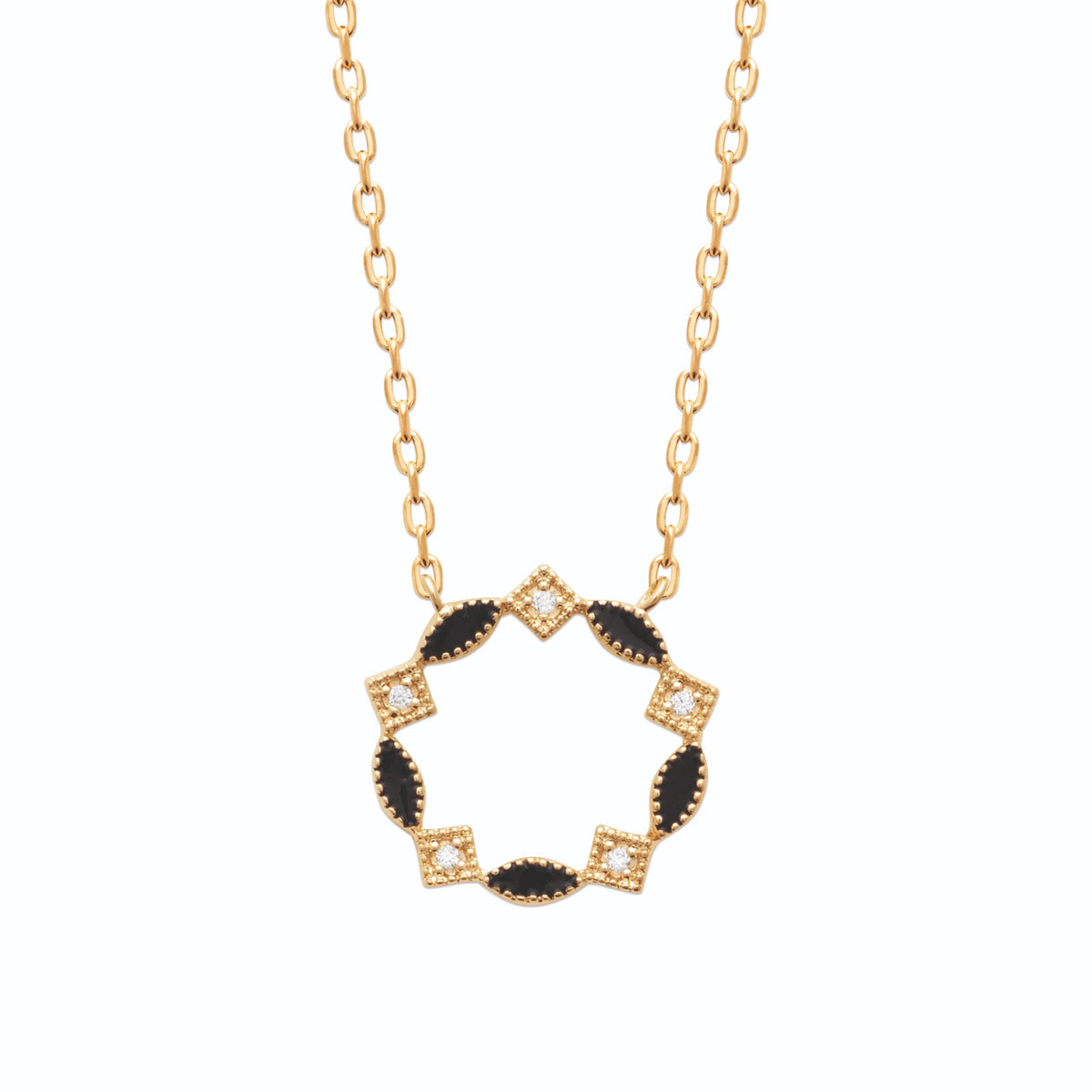 Collier couronne ajourée laque noire et zircons en plaqué or