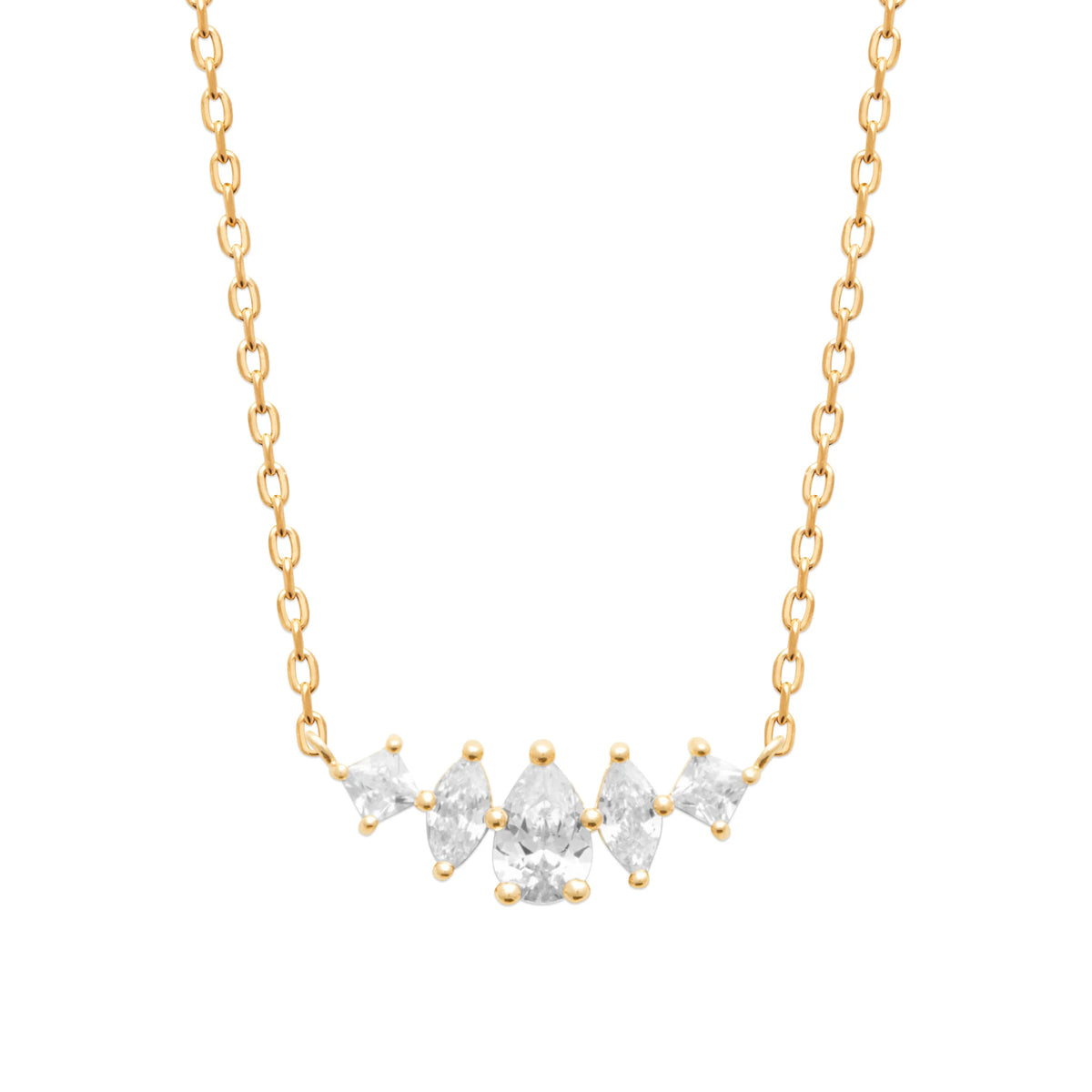 Collier couronne de zircons navette et poire en plaqué or