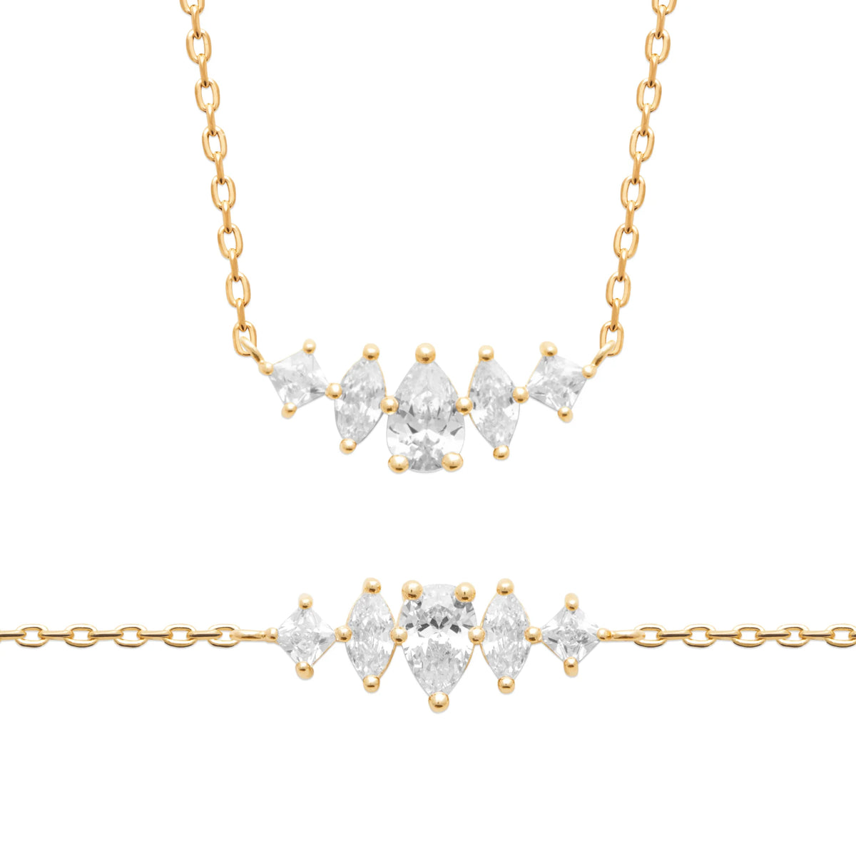 Collier couronne de zircons navette et poire en plaqué or
