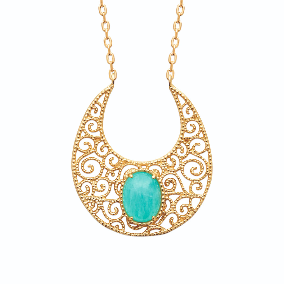 Collier croissant filigrané et cabochon d’amazonite en plaqué or
