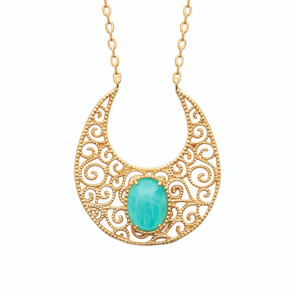 Collier croissant filigrané et cabochon d’amazonite en plaqué or