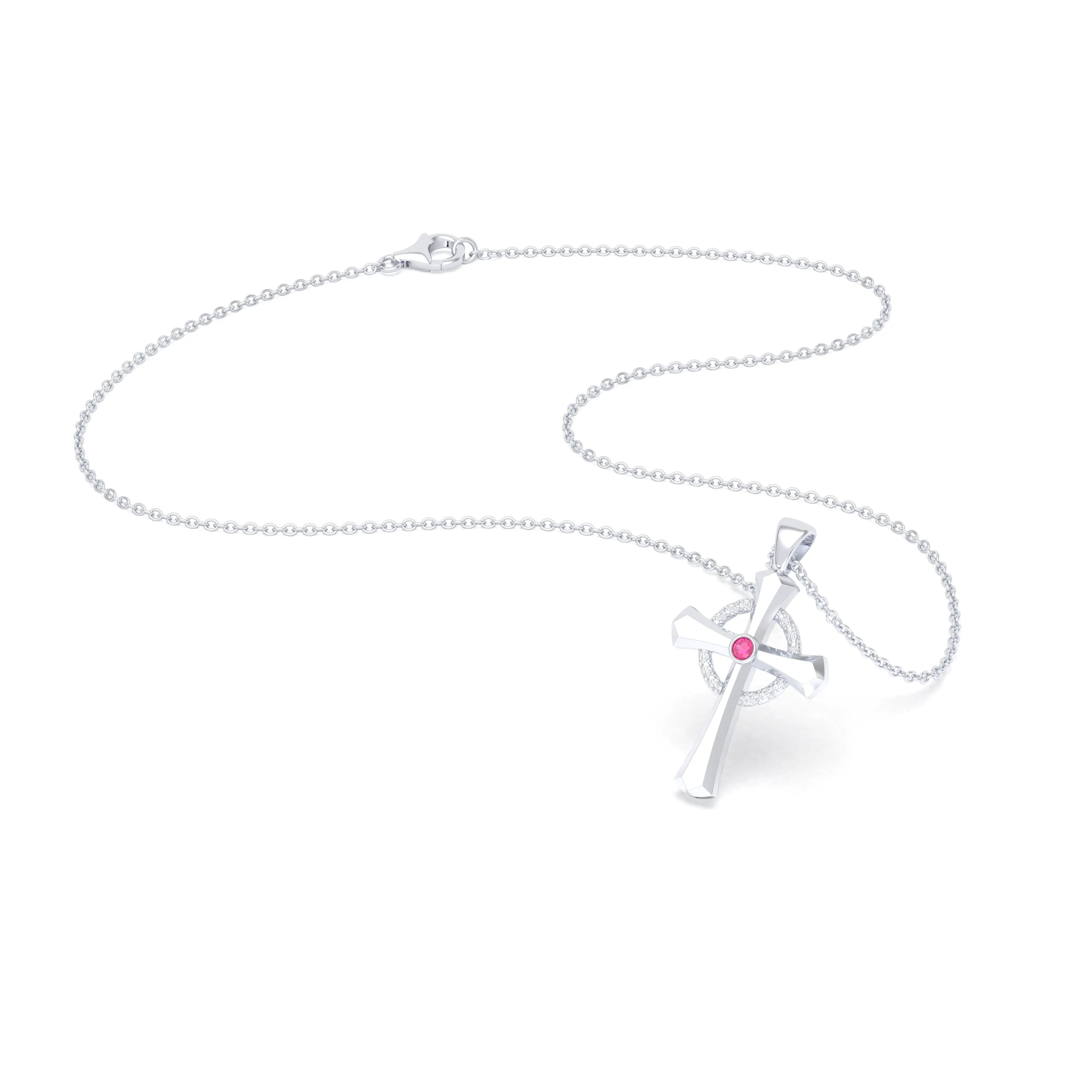 Collier Croix Celtique Éternité Or Blanc et Pierres Précieuses