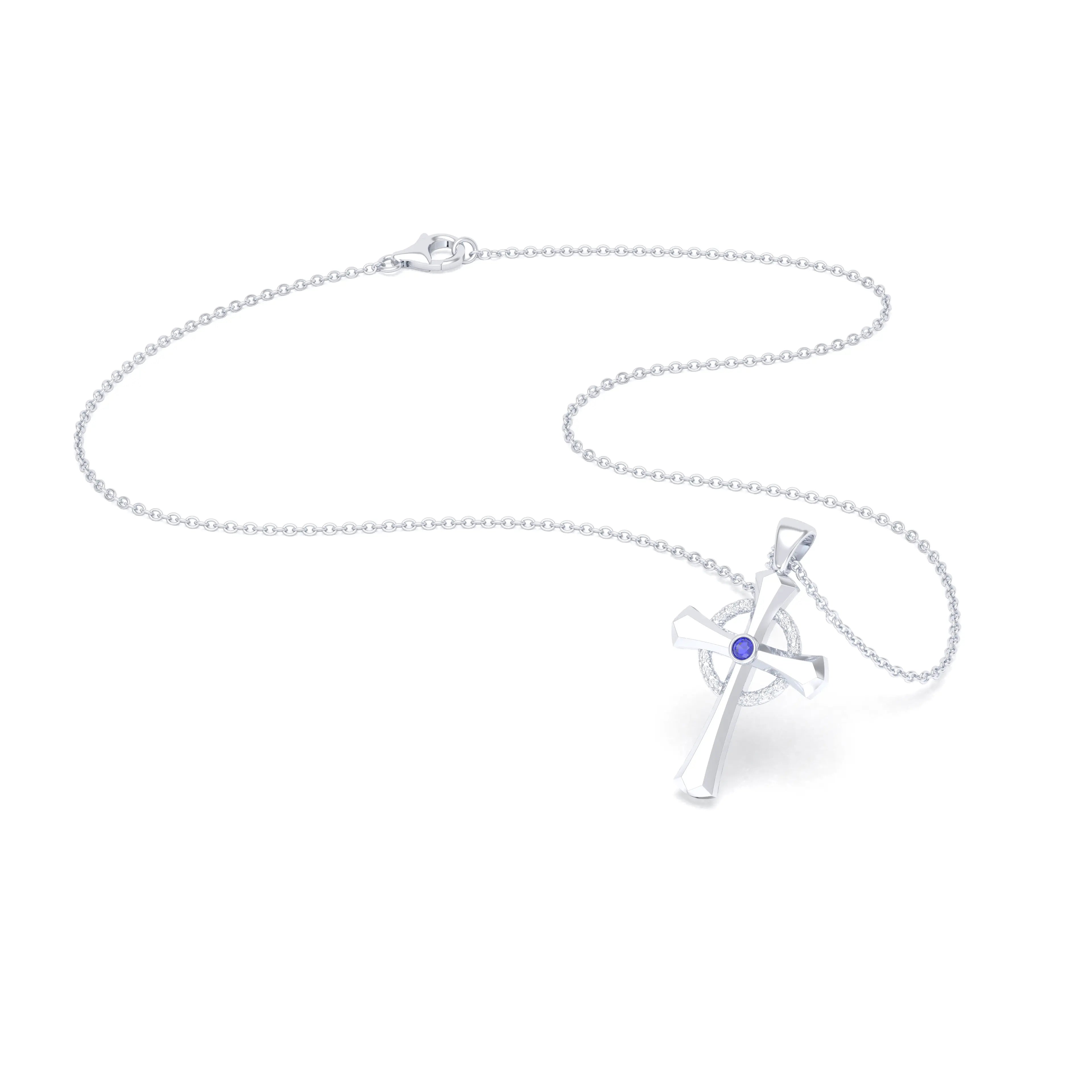 Collier Croix Celtique Éternité Or Blanc et Pierres Précieuses