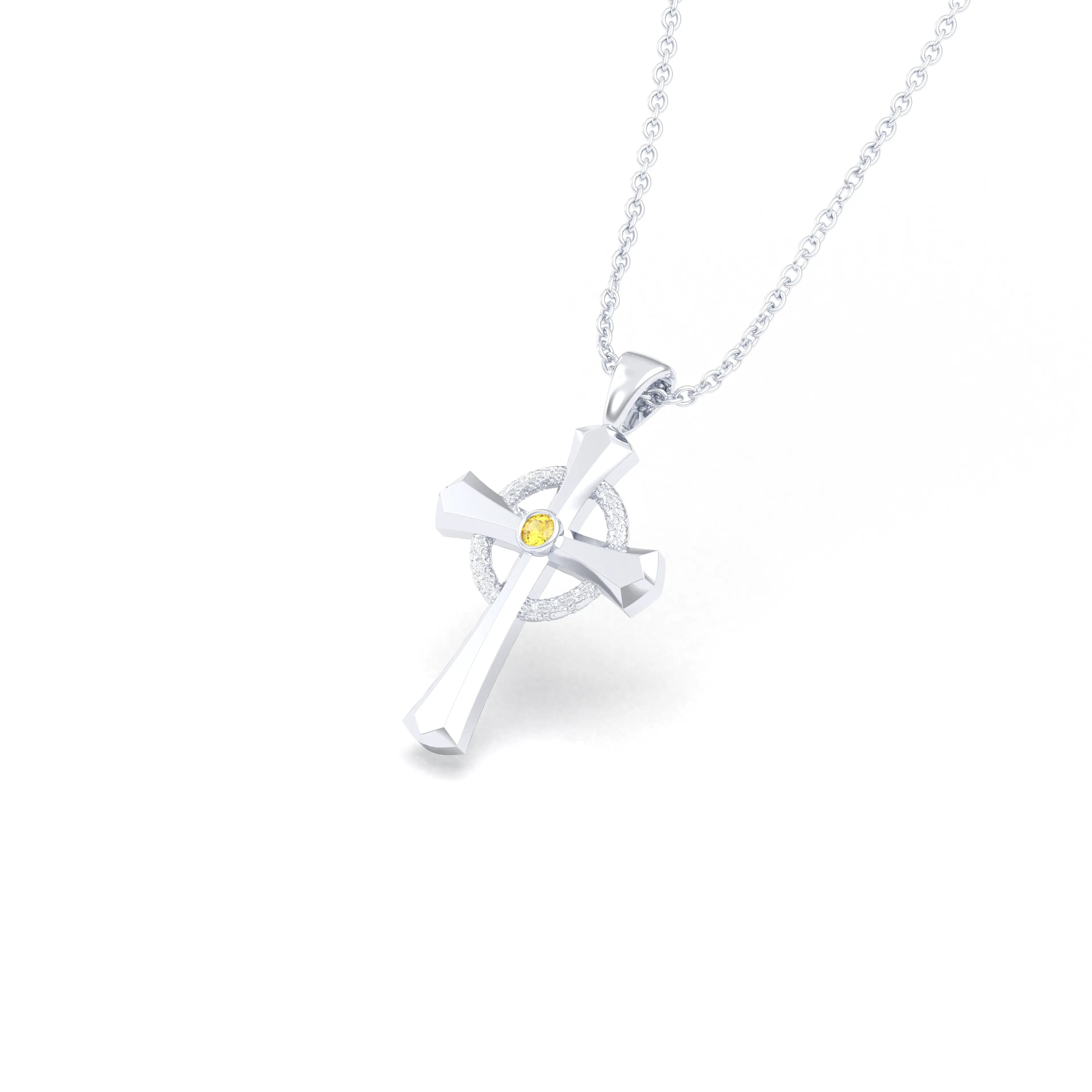 Collier Croix Celtique Éternité Or Blanc et Pierres Précieuses Saphir jaune Pendentif avec chaîne