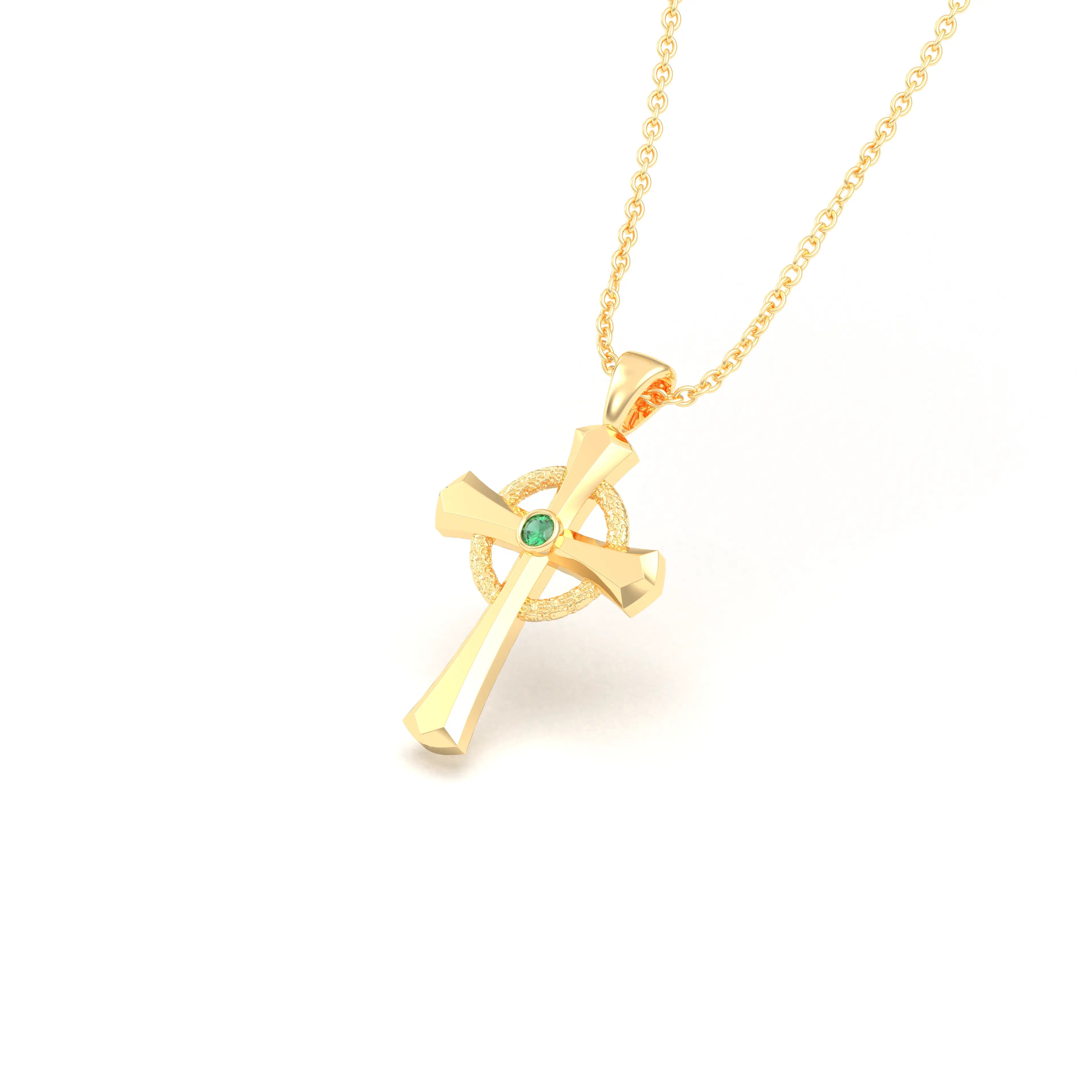 Collier Croix Celtique Éternité Or Jaune et Pierres Précieuses Emeraude Pendentif avec chaîne