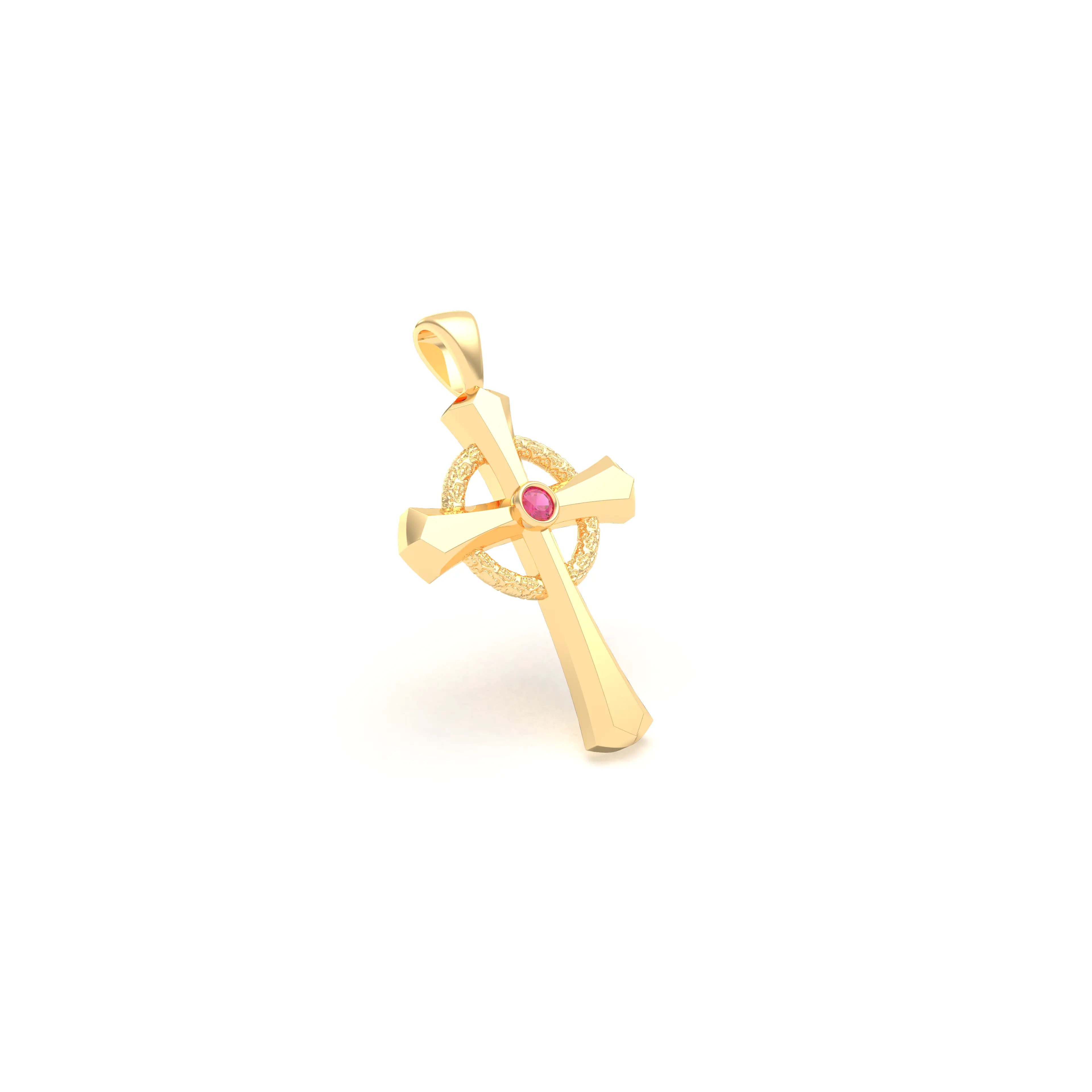 Collier Croix Celtique Éternité Or Jaune et Pierres Précieuses Rubis Pendentif seul