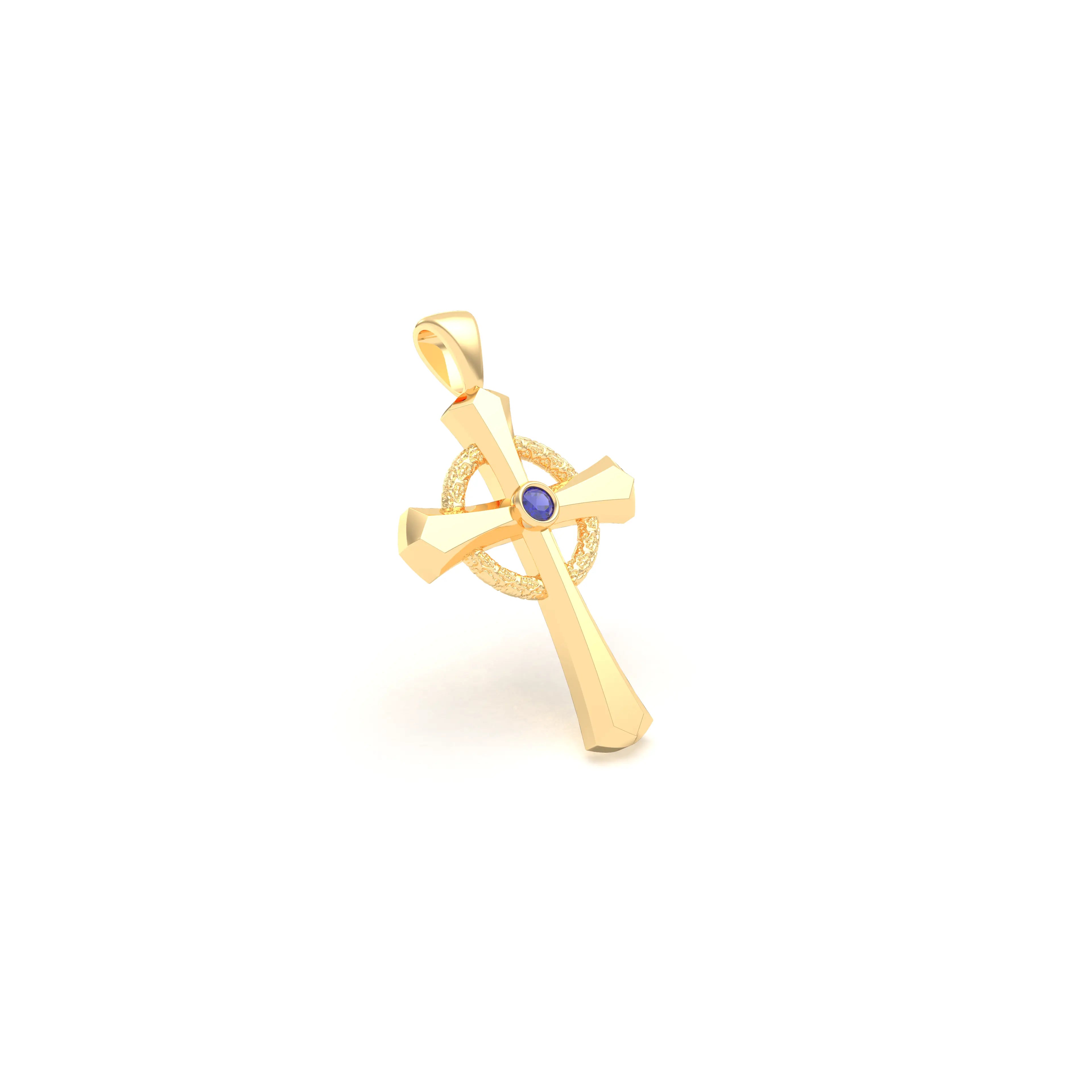 Collier Croix Celtique Éternité Or Jaune et Pierres Précieuses Saphir bleu Pendentif seul