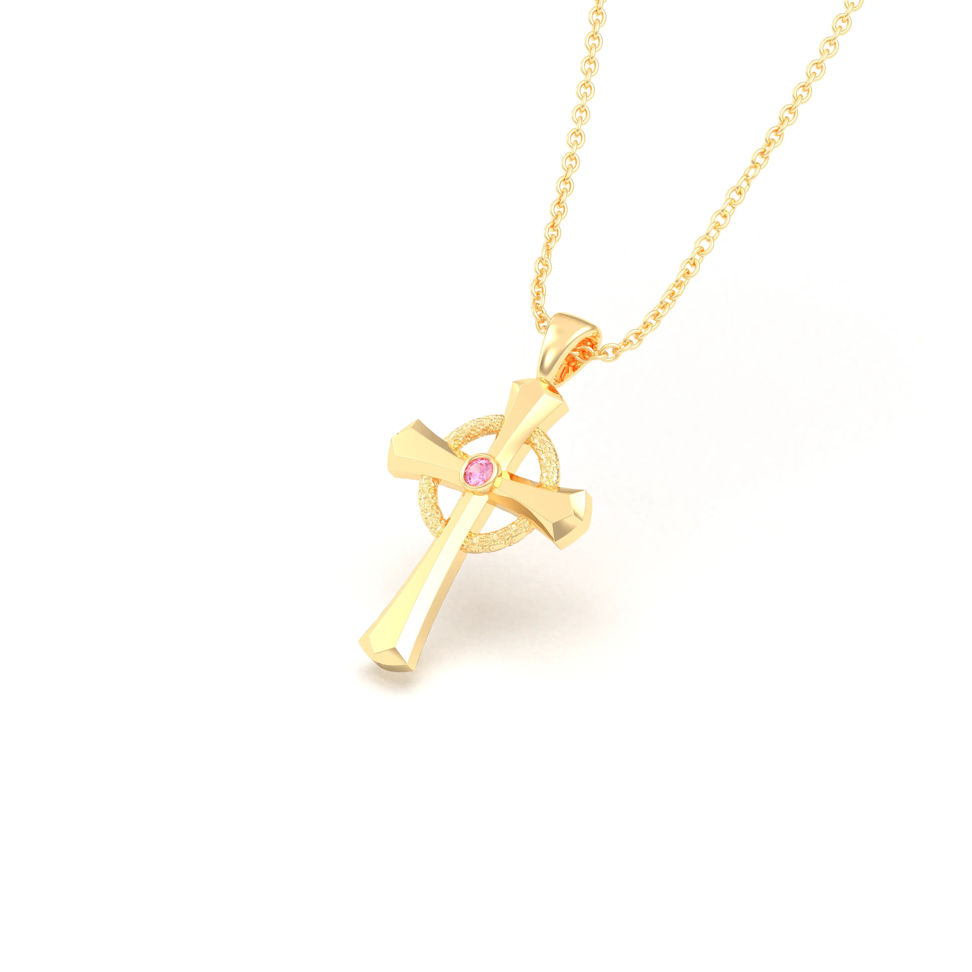 Collier Croix Celtique Éternité Or Jaune et Pierres Précieuses Saphir rose Pendentif avec chaîne