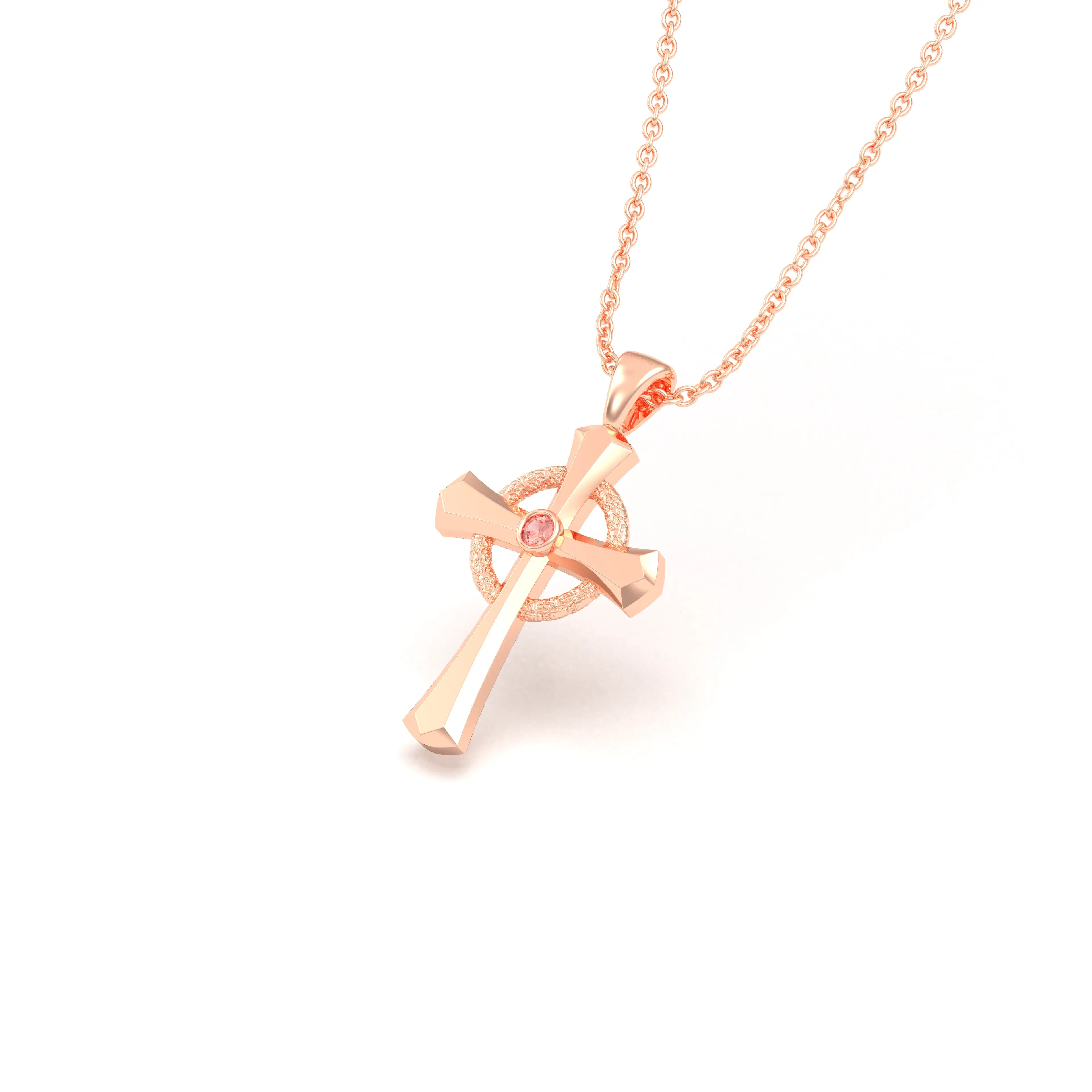 Collier Croix Celtique Éternité Or Rose et Pierres Précieuses Saphir pêche Pendentif avec chaîne