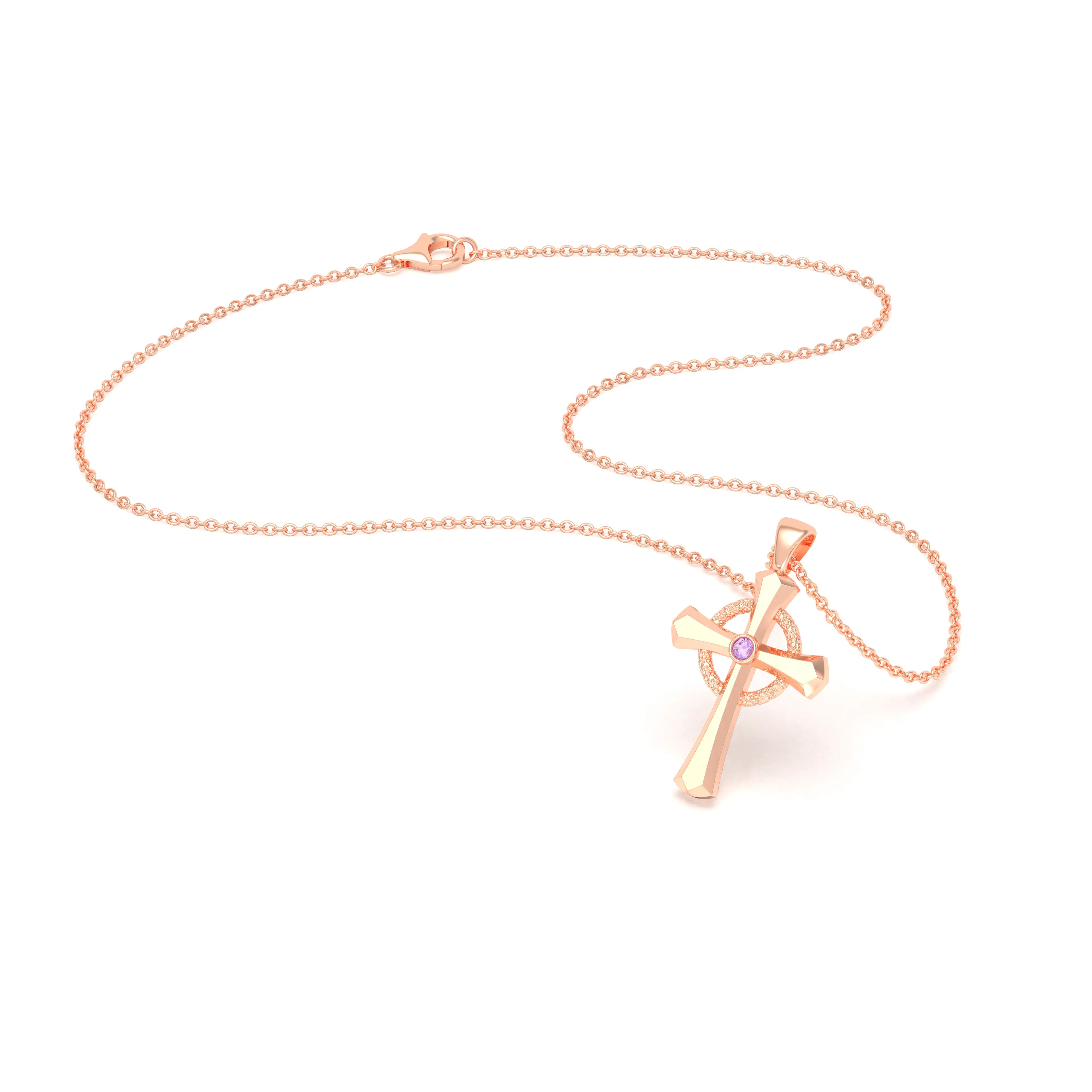 Collier Croix Celtique Éternité Or Rose et Pierres Précieuses