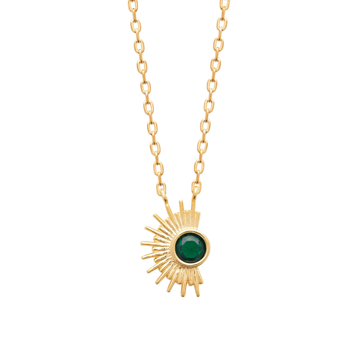 Collier demi-soleil en éventail et pierre vert profond en plaqué or