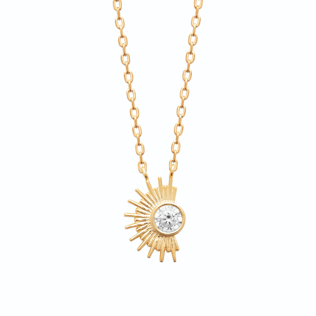 Collier demi-soleil en éventail et zircon rond en plaqué or